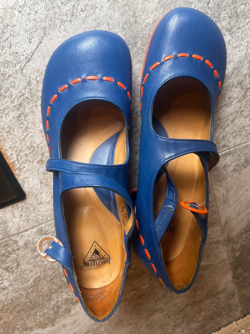 John Fluevog women’s Beautiful bright Blue Mary Jane Shoes with Orange Stitching